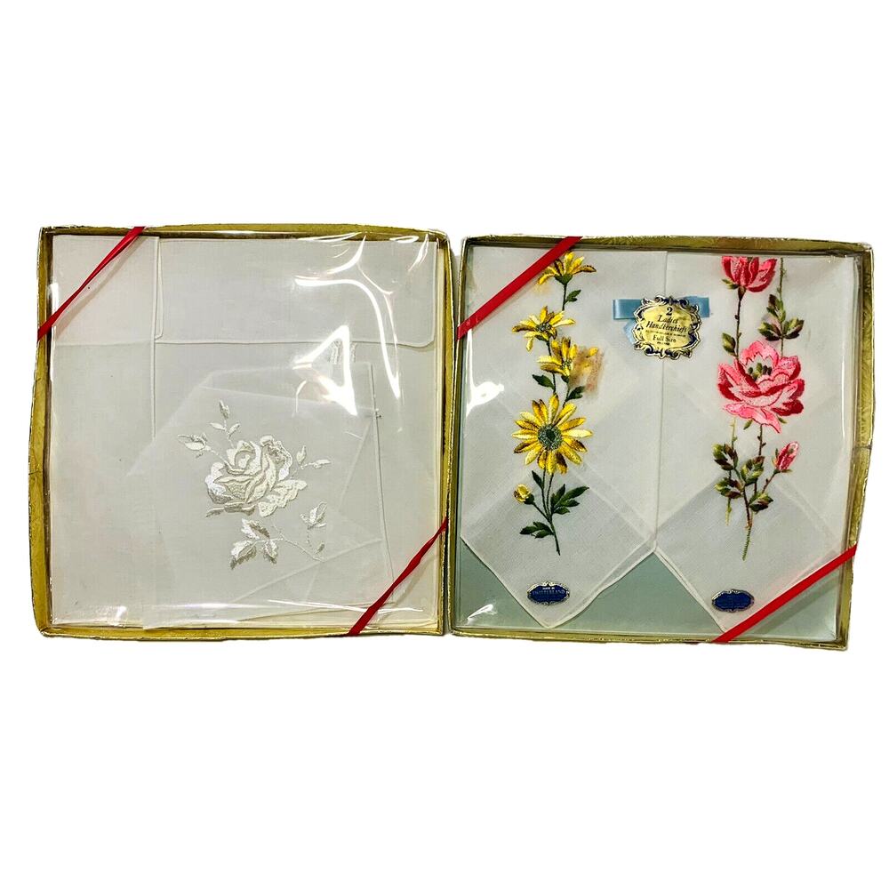 Vintage Handkerchief Lot Four Floral Pink Yellow White Cotton Ladies Switzerland